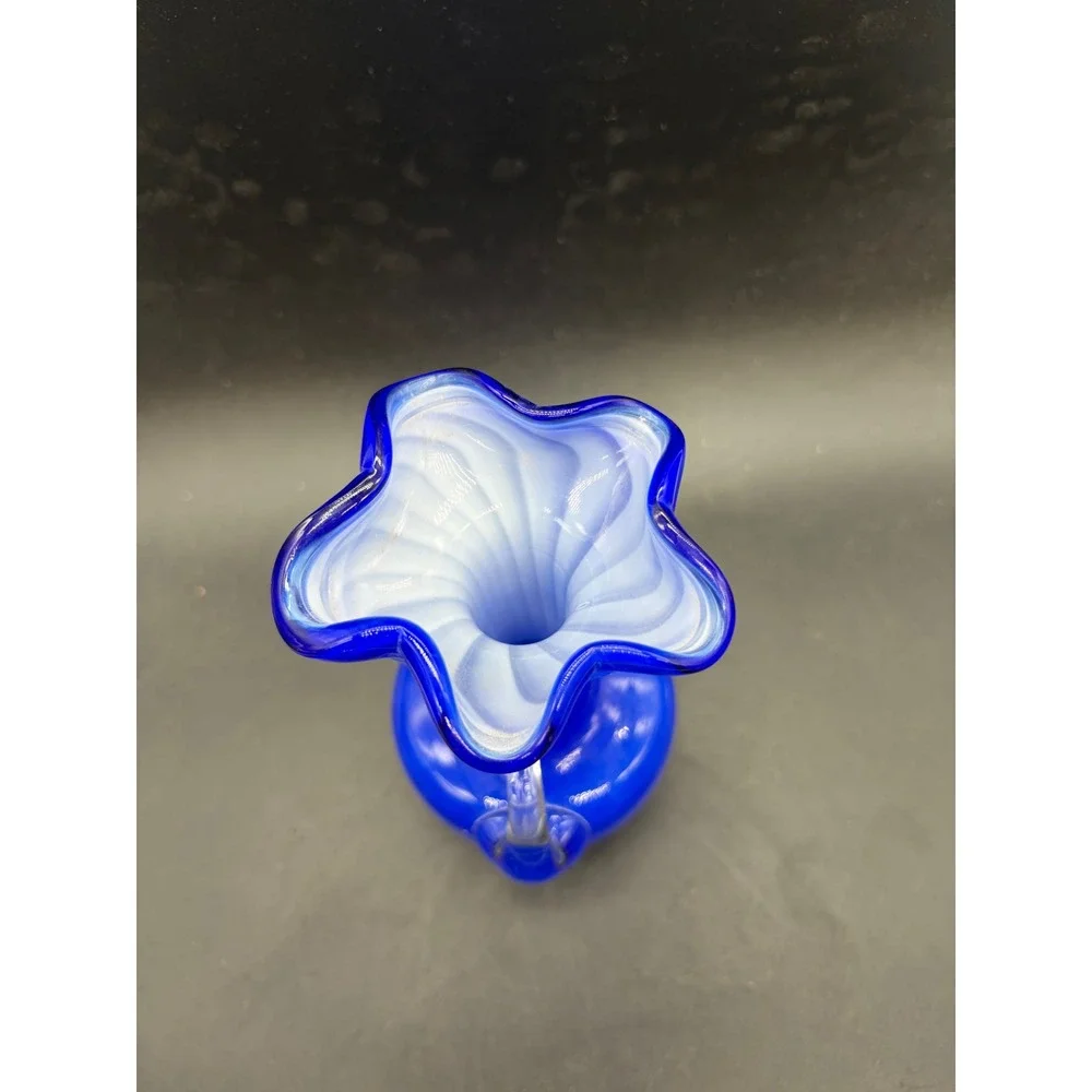 Vintage Cobalt Blue Art Glass Vase Ruffled Rim White‎ Opalescent Applied Handles